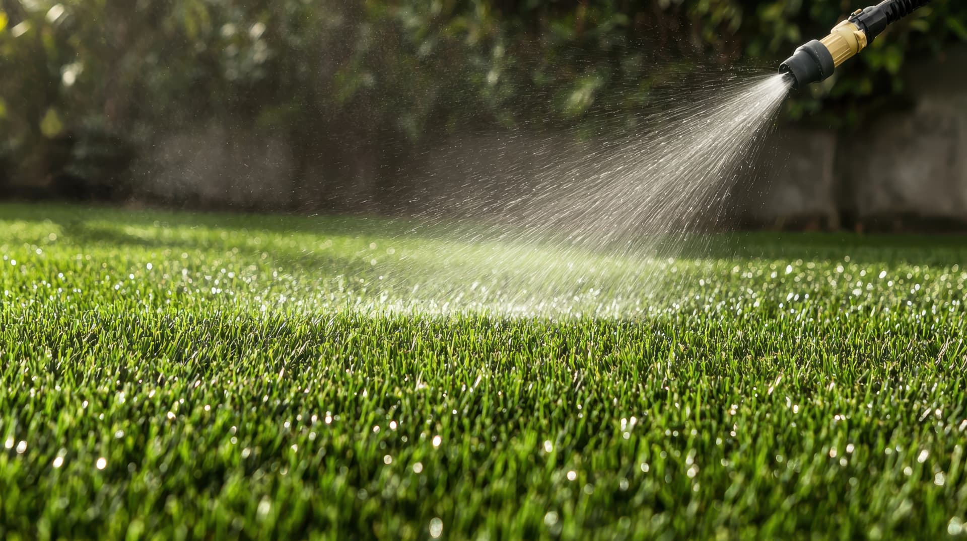 Artificial turf being rinsed with a pressure washer in an Arizona backyard