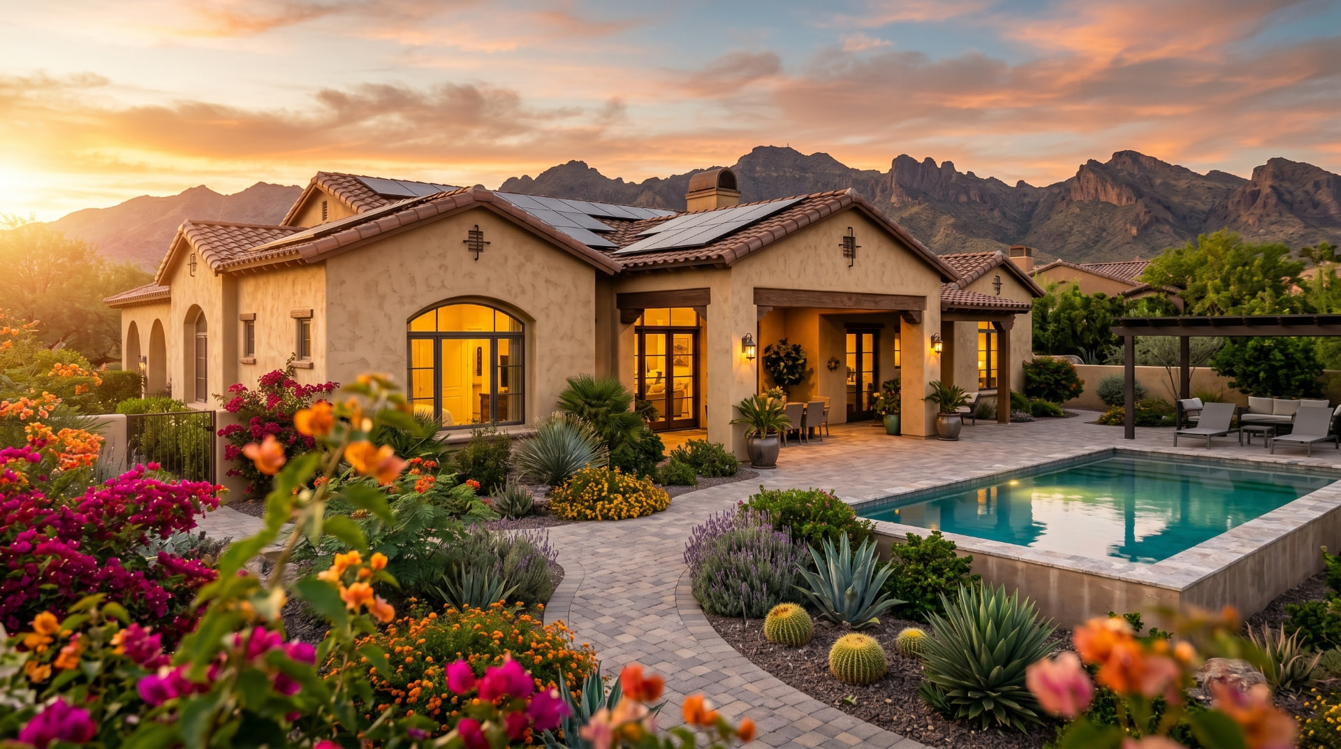 Arizona home with solar panels, desert landscaping, pool and mountains at sunset