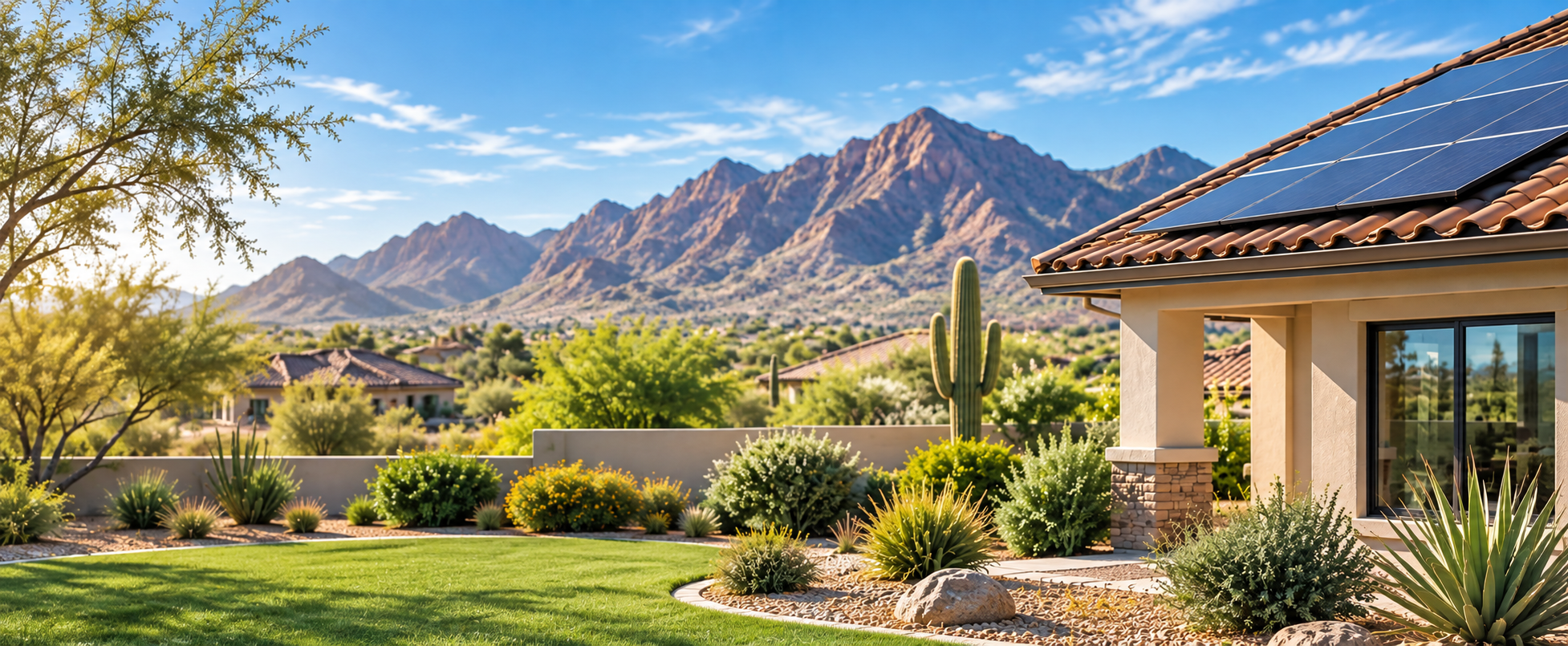 Arizona home with rooftop solar panels and desert mountains