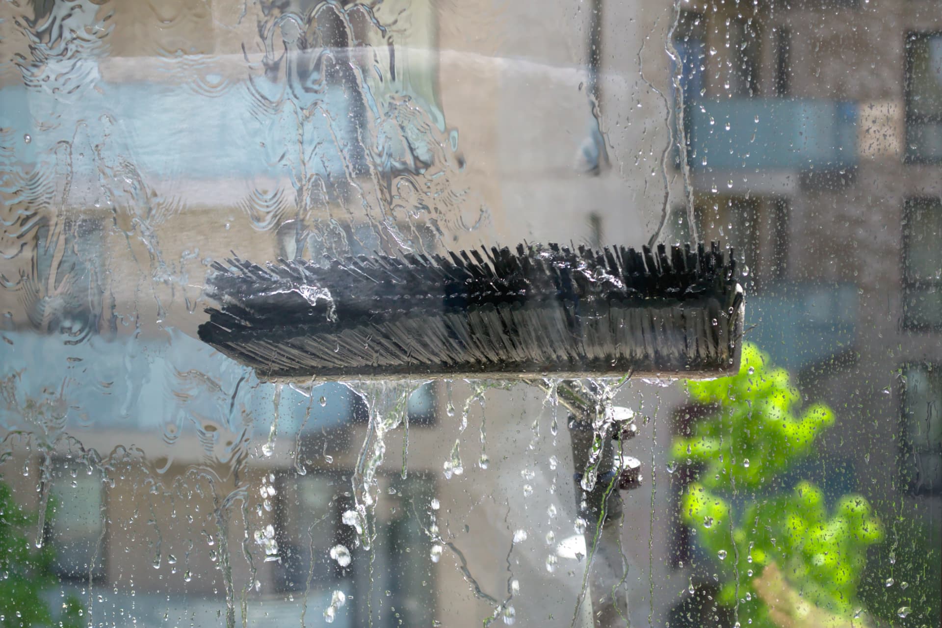 Professional window cleaning brush on glass with water