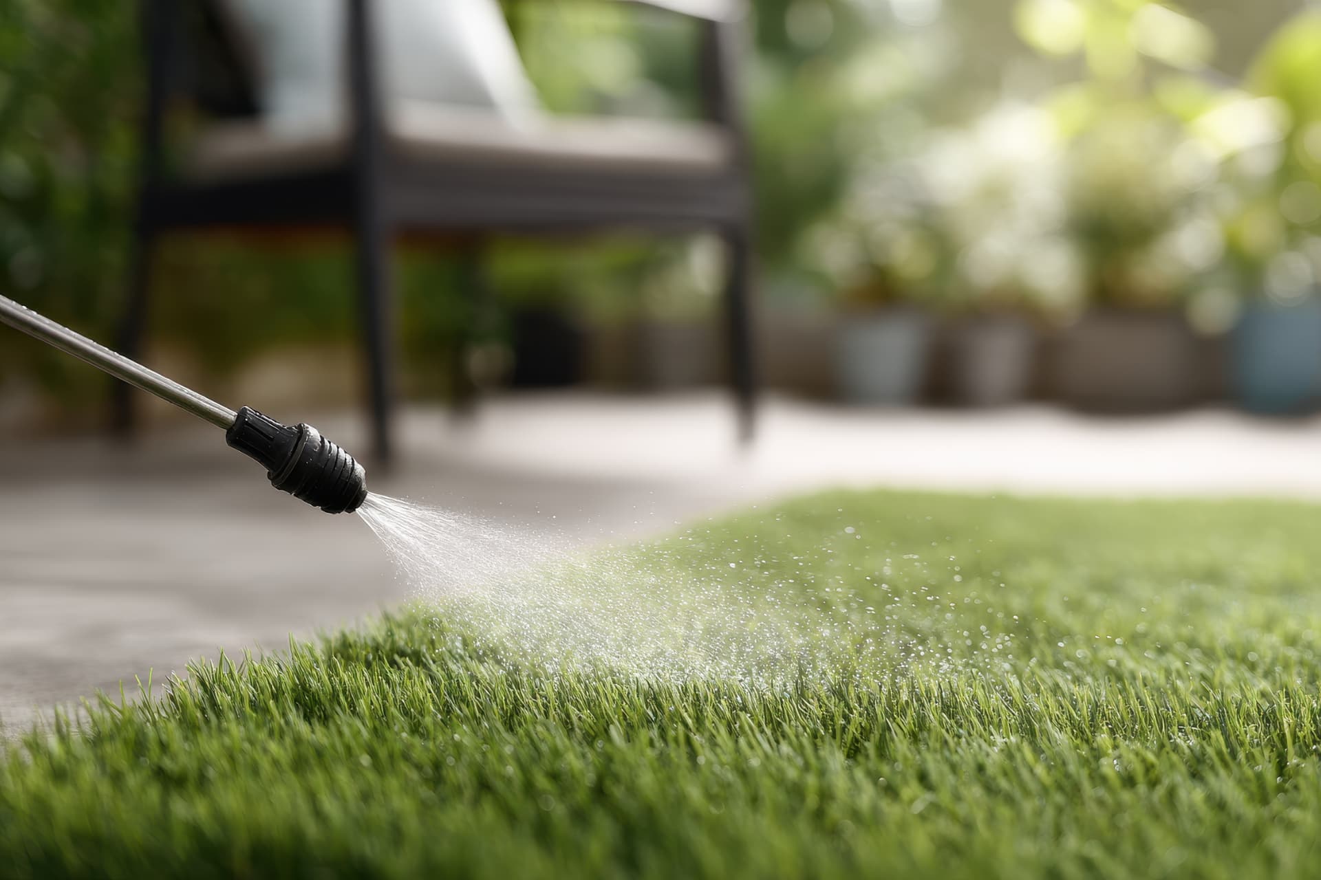 Artificial turf being rinsed with a pressure washer in an Arizona backyard