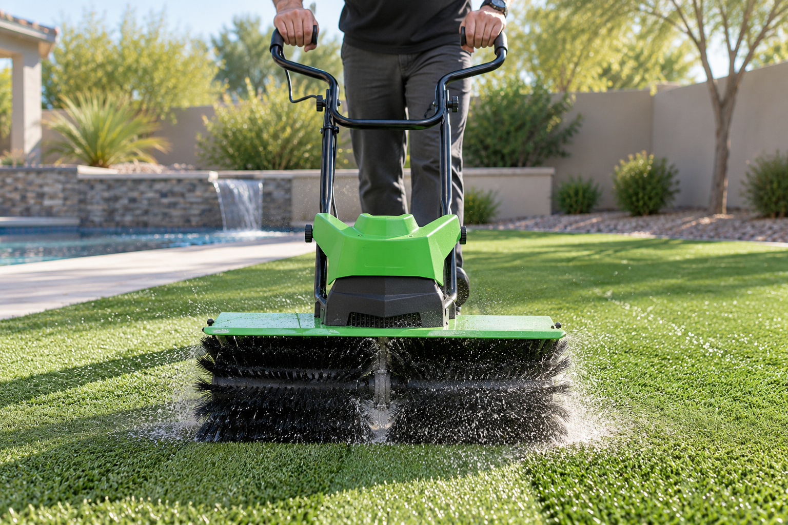 Professional power brushing equipment cleaning artificial turf in an Arizona backyard