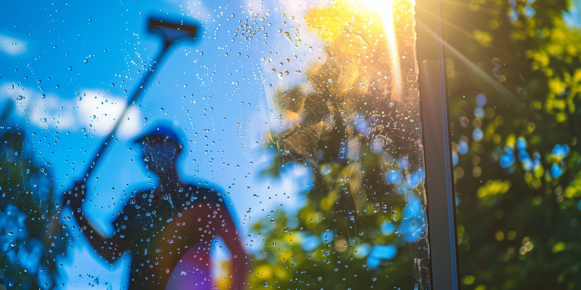 Professional window cleaner using a squeegee on wet glass