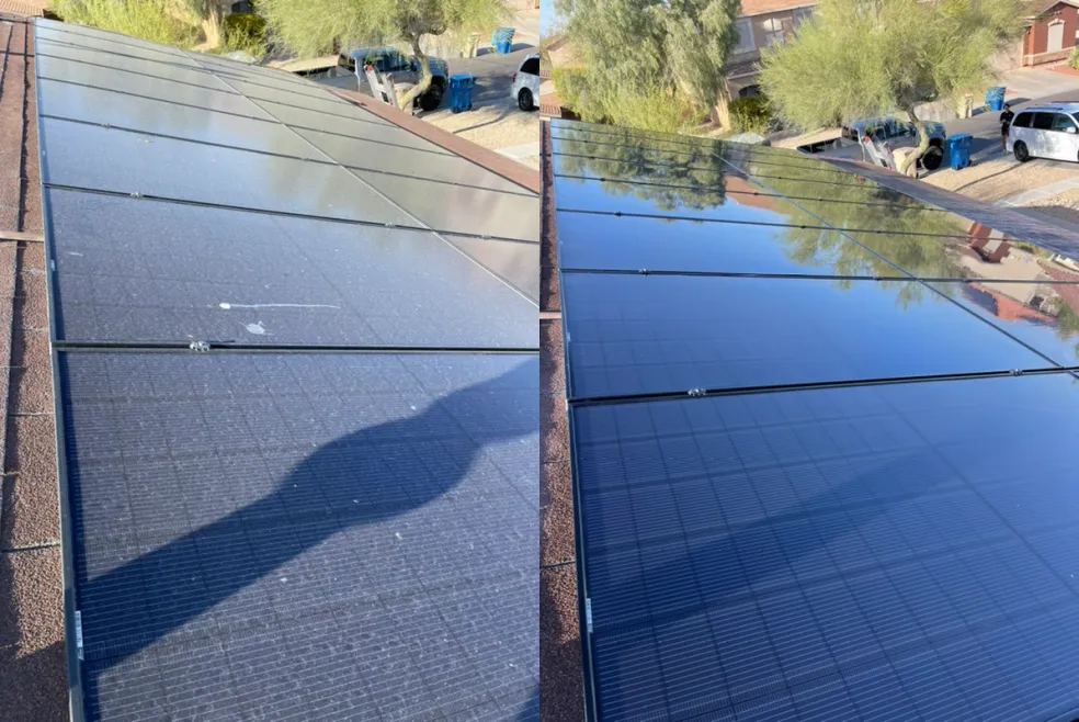 Before and after solar panel cleaning comparison