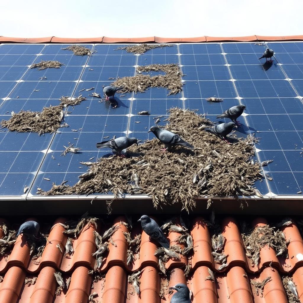 Solar panels covered in pigeon droppings and nesting debris