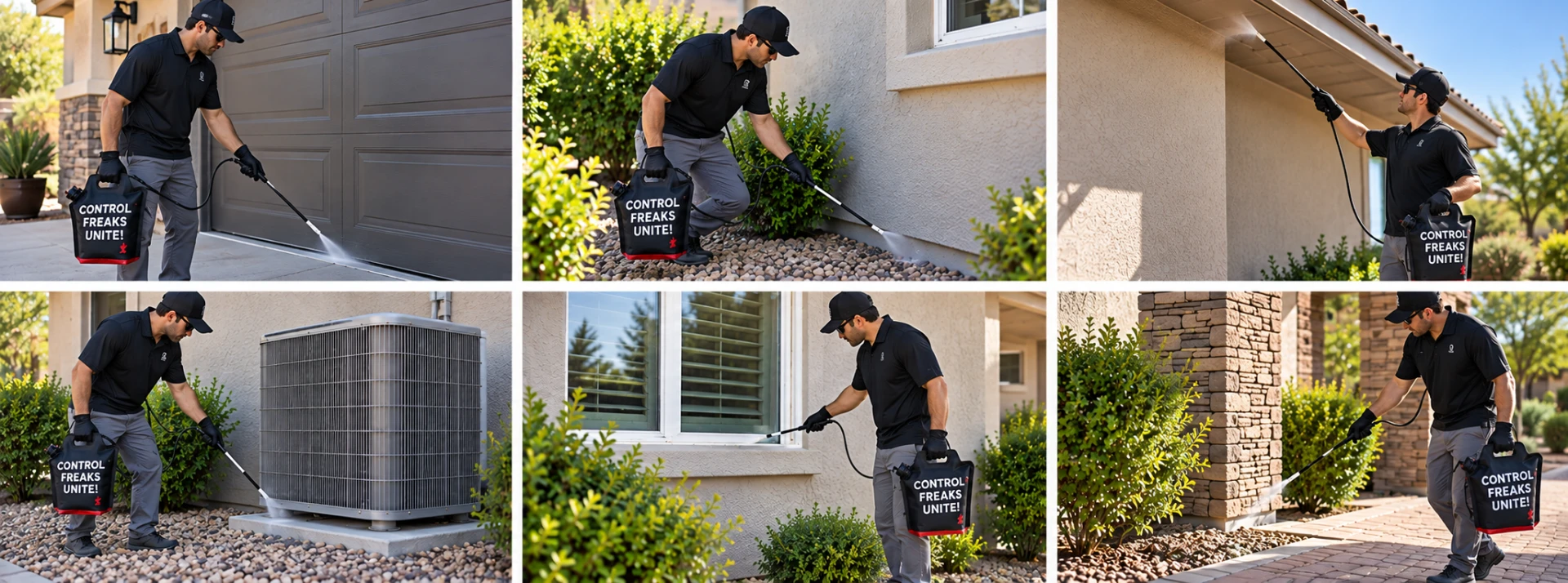 Professional pest control application around the home: perimeter, foundation, windows, doors, eaves and HVAC areas